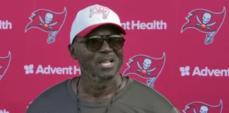 ampa Bay Buccaneers head coach Todd Bowles speaks to the media after practice at NFL football minicamp Thursday, June 12, 2025, in Tampa, Fla. (AP Photo/Chris O’Meara)