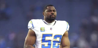 Los Angeles Chargers linebacker Khalil Mack (52) after an NFL football game against the New England Patriots, Saturday, Dec. 28, 2024 in Foxborough, Mass. (AP Photo/Vera Nieuwenhuis, File)