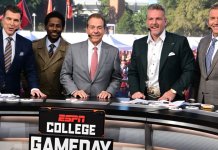 Pitt vs ND, Georgia vs Texas, USF at Navy — Where to Watch-Alt Text: Nick Saban smiling on the ESPN College GameDay set in Tuscaloosa, wearing a suit and headset.