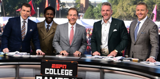 Pitt vs ND, Georgia vs Texas, USF at Navy — Where to Watch-Alt Text: Nick Saban smiling on the ESPN College GameDay set in Tuscaloosa, wearing a suit and headset.